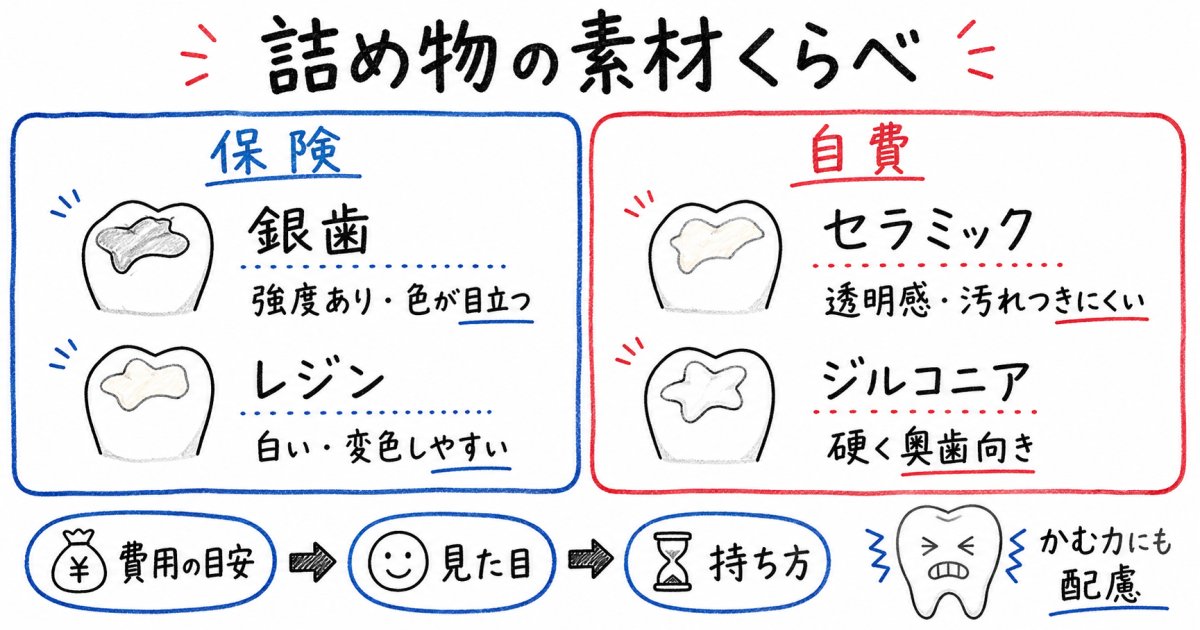 主な詰め物素材の特徴と費用・耐久性の目安